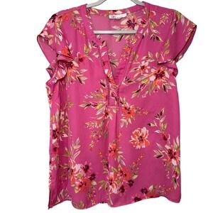 DR2 Women's Pink‎ Floral Ruffle Sleeve V Neck Blouse Top Size Medium